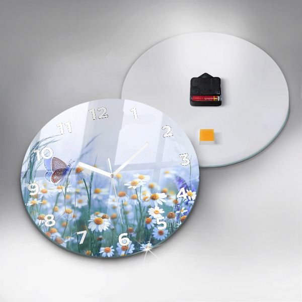 Round glass wall clock Butterfly in the meadow