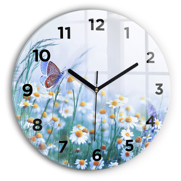 Round glass wall clock Butterfly in the meadow