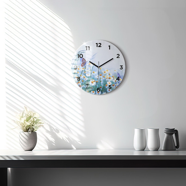 Round glass wall clock Butterfly in the meadow
