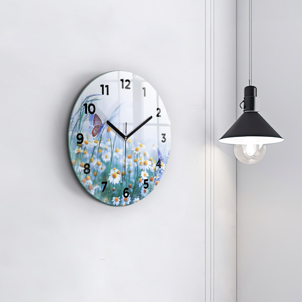 Round glass wall clock Butterfly in the meadow
