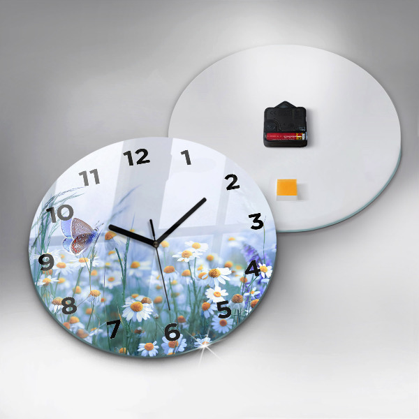 Round glass wall clock Butterfly in the meadow