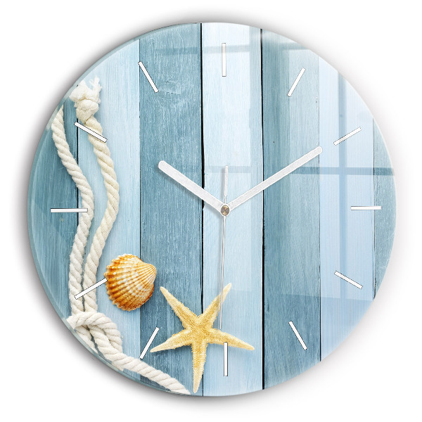 Round glass wall clock Boards stripes and shell