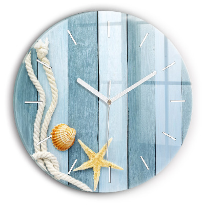 Round glass wall clock Boards stripes and shell