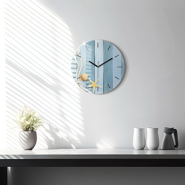 Round glass wall clock Boards stripes and shell