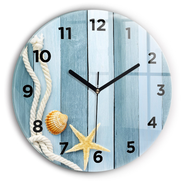 Round glass wall clock Boards stripes and shell