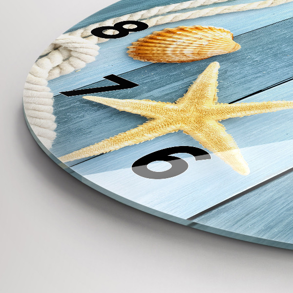 Round glass wall clock Boards stripes and shell