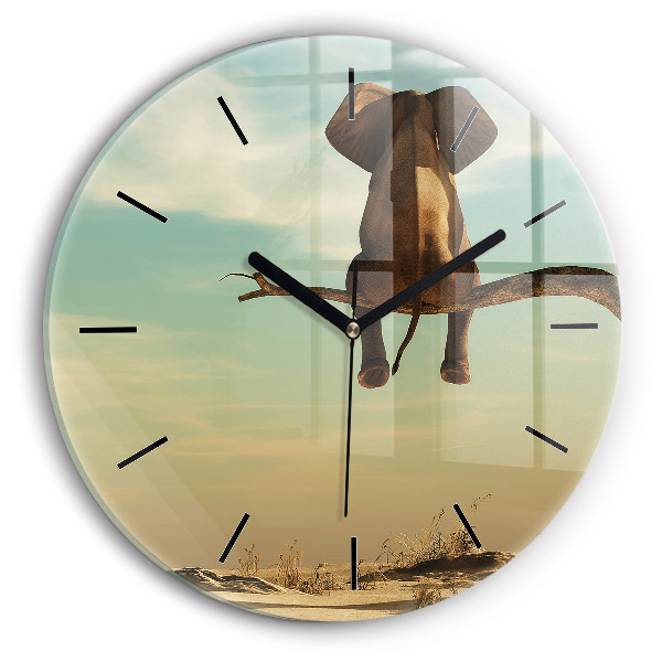 Round glass wall clock Elephant on a tree
