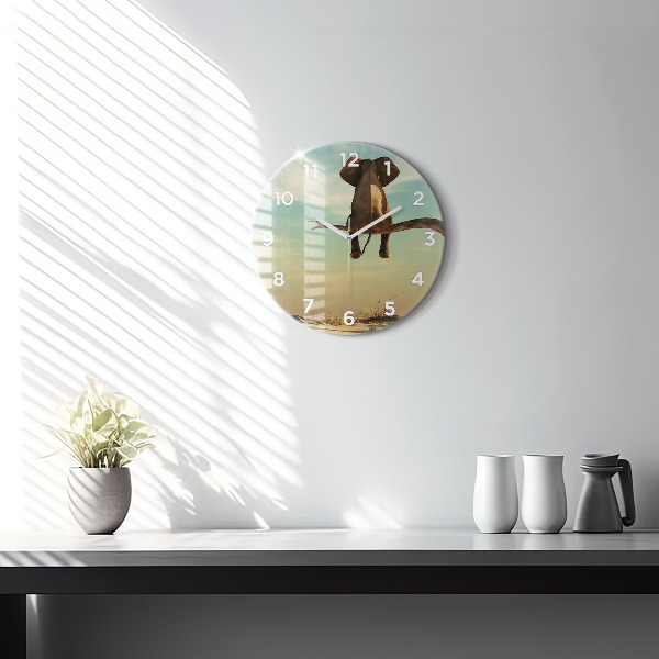 Round glass wall clock Elephant on a tree
