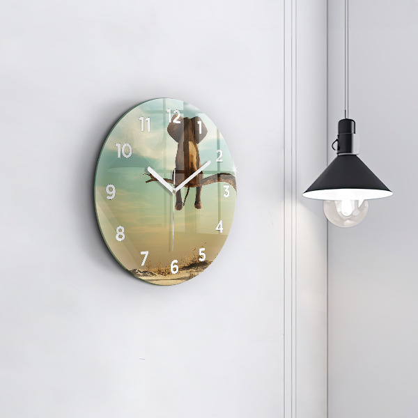 Round glass wall clock Elephant on a tree