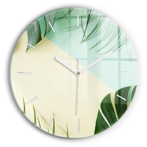 Round glass wall clock Monstera leaves