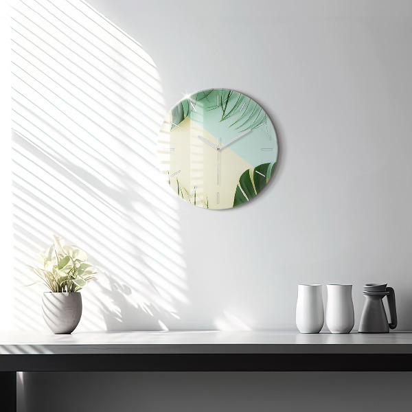 Round glass wall clock Monstera leaves