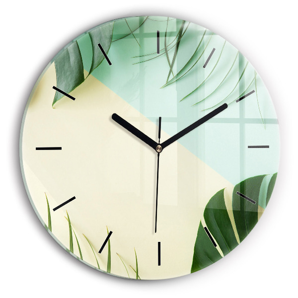 Round glass wall clock Monstera leaves
