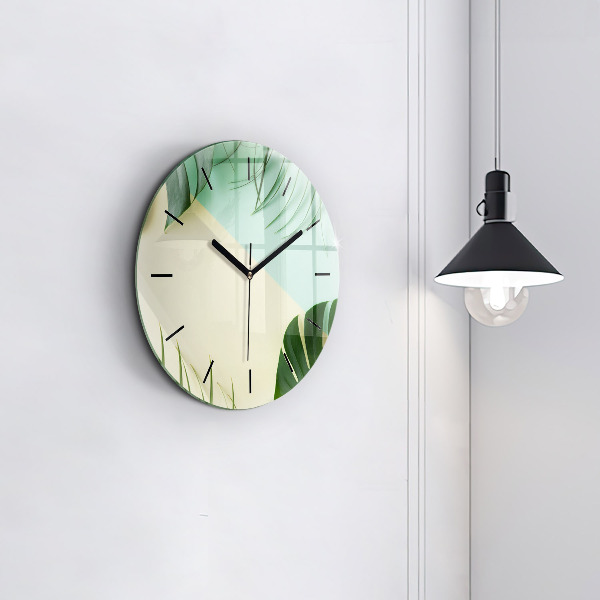 Round glass wall clock Monstera leaves