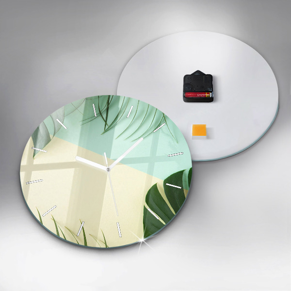 Round glass wall clock Monstera leaves