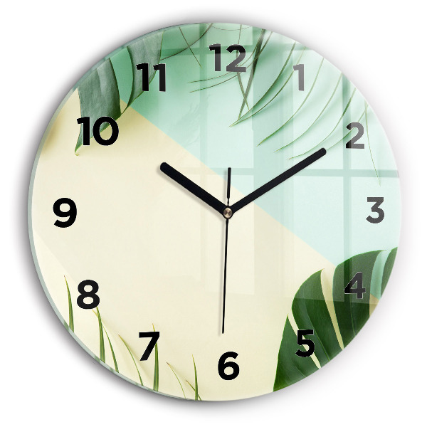 Round glass wall clock Monstera leaves