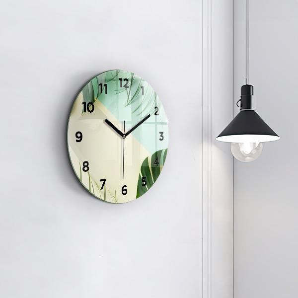 Round glass wall clock Monstera leaves