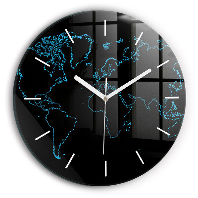 Round glass wall clock World map outlines