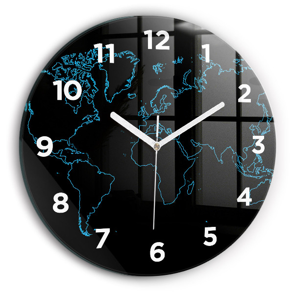 Round glass wall clock World map outlines