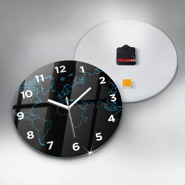 Round glass wall clock World map outlines