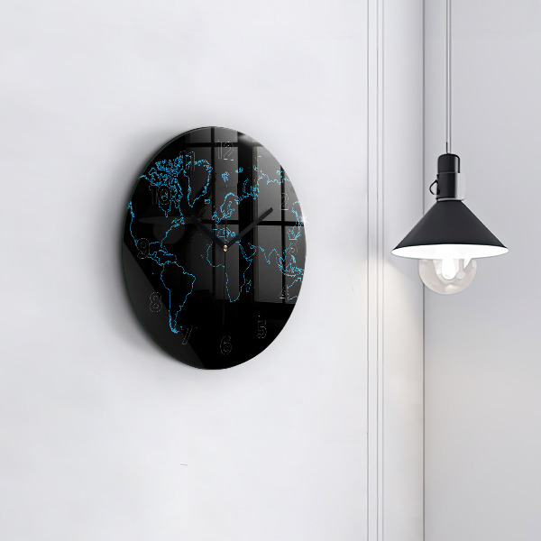Round glass wall clock World map outlines