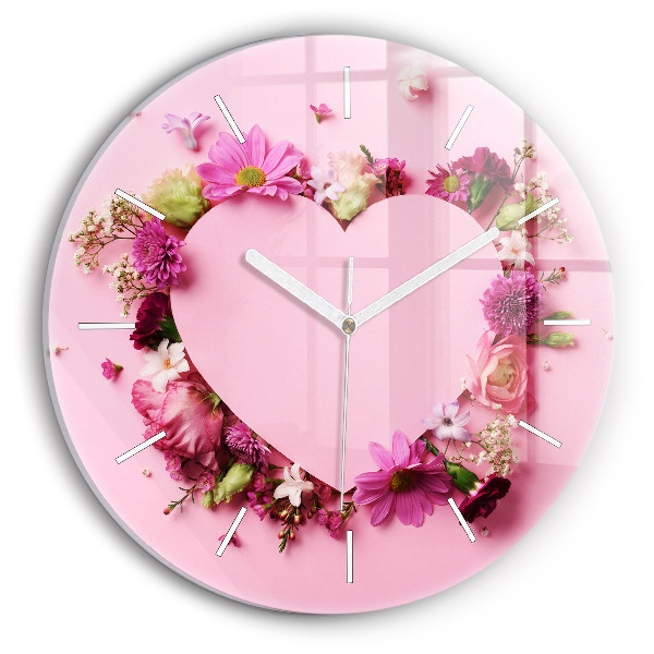 Round glass wall clock Heart of flowers