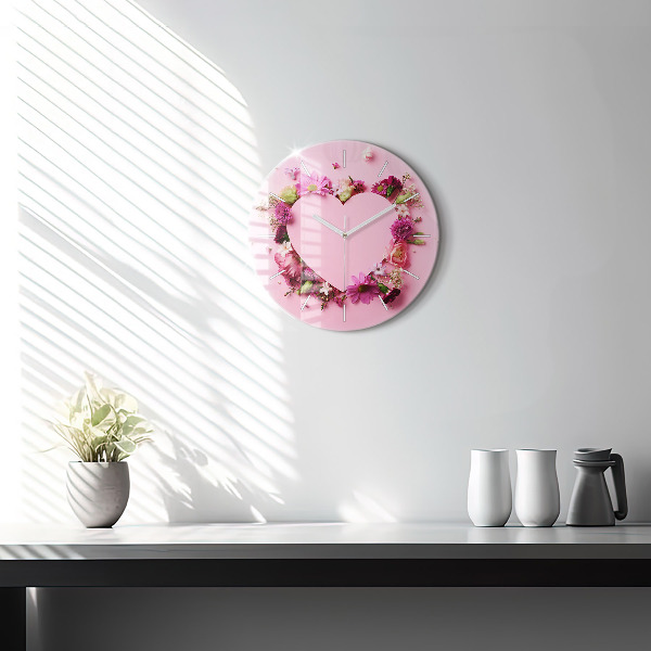 Round glass wall clock Heart of flowers