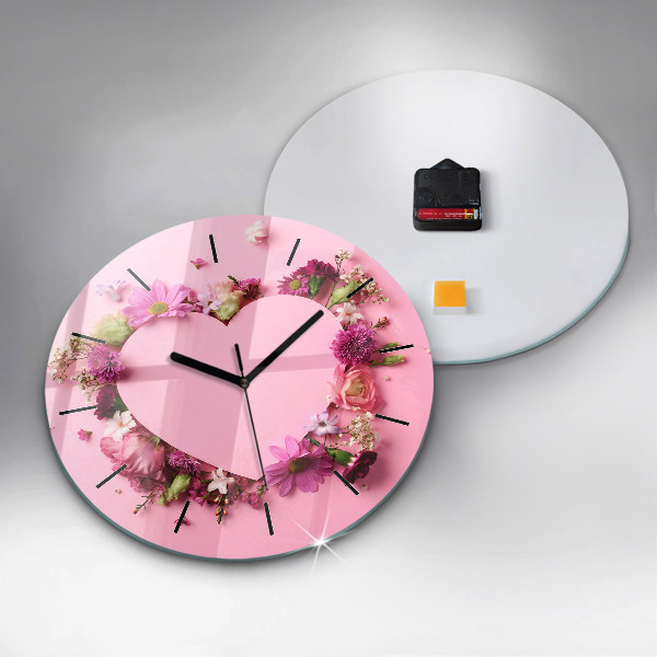 Round glass wall clock Heart of flowers