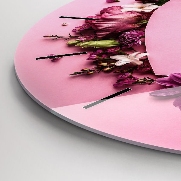 Round glass wall clock Heart of flowers