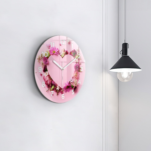 Round glass wall clock Heart of flowers