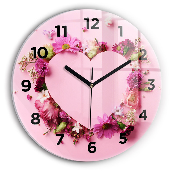 Round glass wall clock Heart of flowers