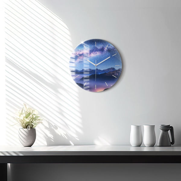 Round glass wall clock Milky Way and Mountains
