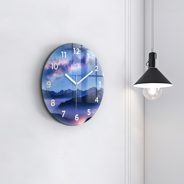 Round glass wall clock Milky Way and Mountains