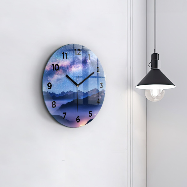 Round glass wall clock Milky Way and Mountains
