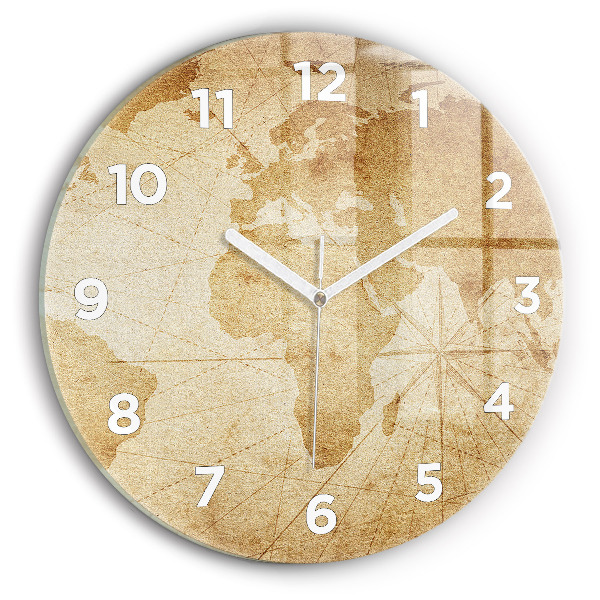 Round glass wall clock Vintage world map