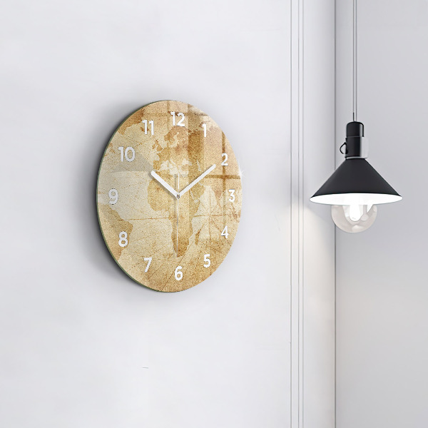 Round glass wall clock Vintage world map