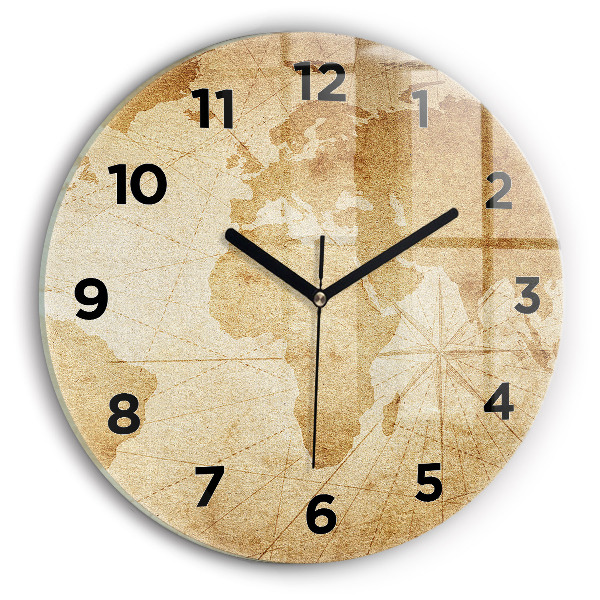Round glass wall clock Vintage world map