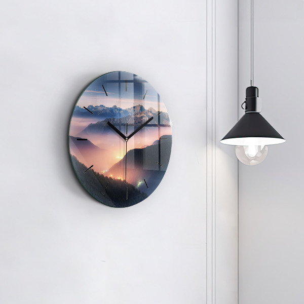 Round glass wall clock Mountain peak landscape