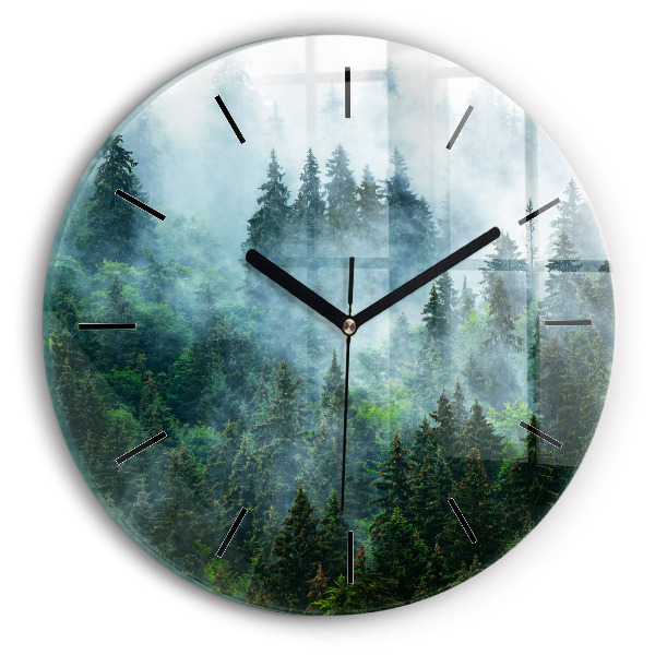 Round glass wall clock Misty forest
