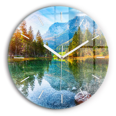 Round glass wall clock River Mountains Landscape