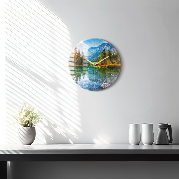 Round glass wall clock River Mountains Landscape