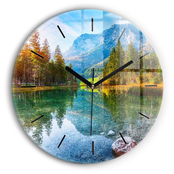 Round glass wall clock River Mountains Landscape