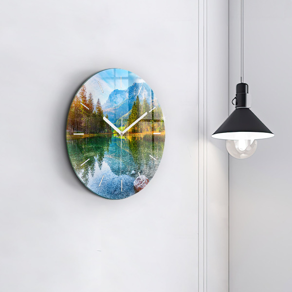 Round glass wall clock River Mountains Landscape
