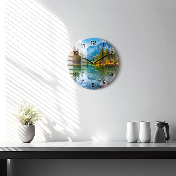 Round glass wall clock River Mountains Landscape