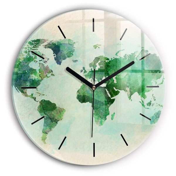 Round glass wall clock Watercolor world map