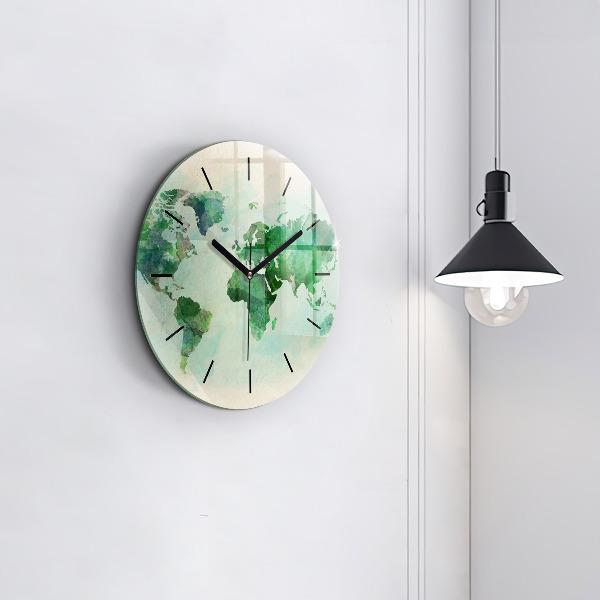 Round glass wall clock Watercolor world map