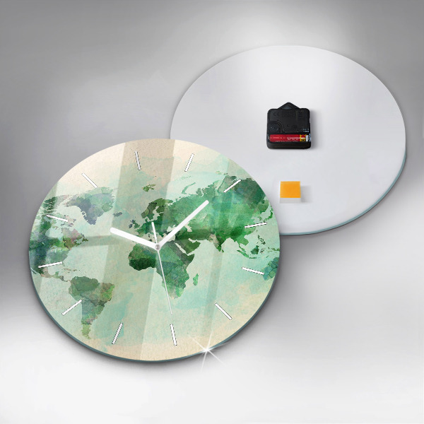 Round glass wall clock Watercolor world map