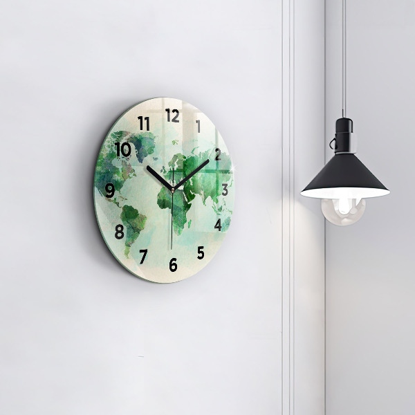 Round glass wall clock Watercolor world map