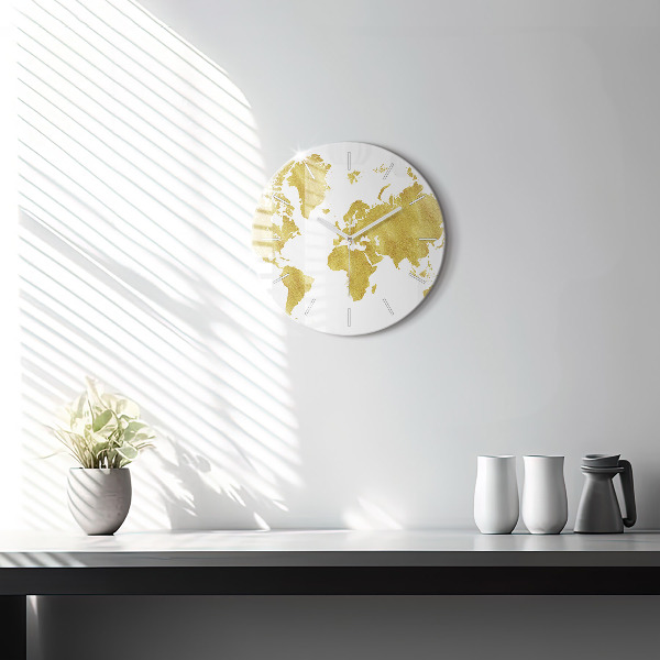 Round glass wall clock Golden map of the world