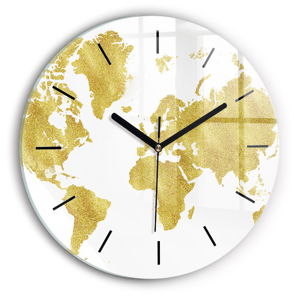 Round glass wall clock Golden map of the world