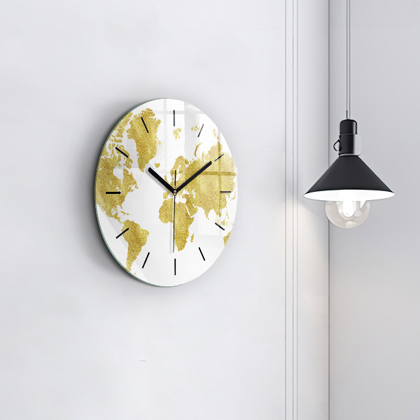 Round glass wall clock Golden map of the world